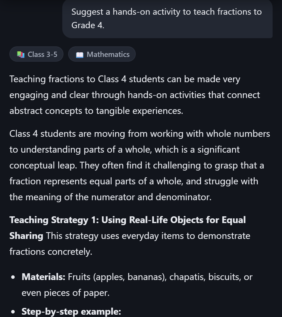 SarasTech Coach suggesting a hands-on fractions activity for Grade 4, tagged Class 3-5 and Mathematics