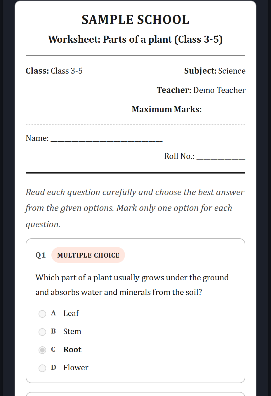 A Class 3-5 Science worksheet on parts of a plant, generated by SarasTech, with a multiple-choice question and its correct answer marked