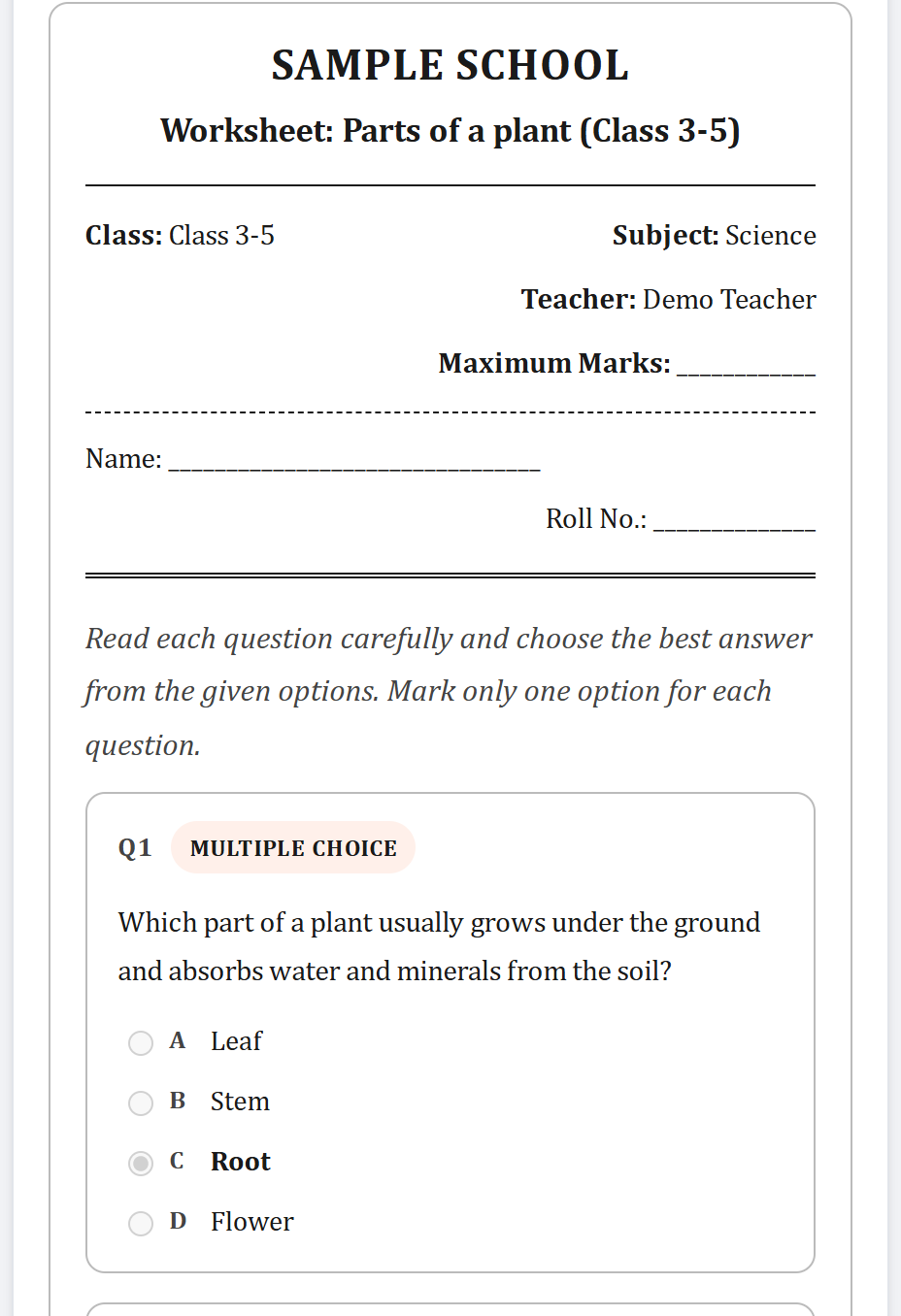 A Class 3-5 Science worksheet on parts of a plant, generated by SarasTech, with a multiple-choice question and its correct answer marked